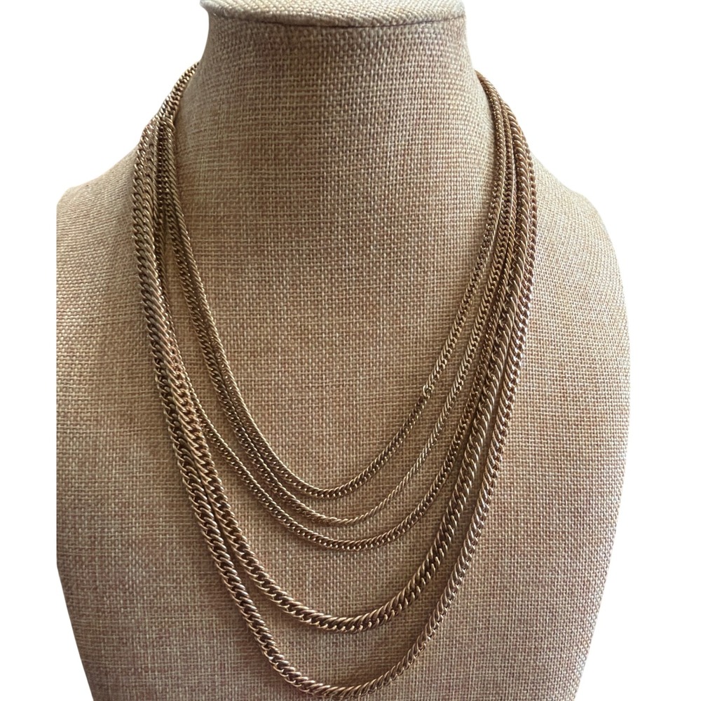 Vintage Gold Tone Multi Strand Layered Curb Chain Necklace Five Tiered Layering